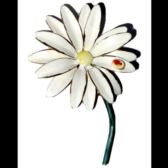 Sandor White Daisy Brooch Pin Ladybug Stem Flower Power 4" Vintage - Picture 1 of 12